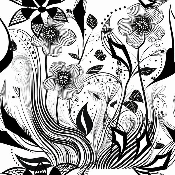 Schwarz Weiße Doodle Linien Florales Nahtloses Muster Schöne Handgezeichnete Blumen — Stockvektor