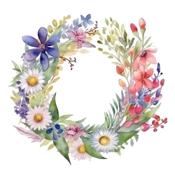 Akwarelowy Wieniec Kwiatowy Piękne Kwiaty Malowany Rysunek Kolorowe Kwiaty Wzór — Wektor stockowy