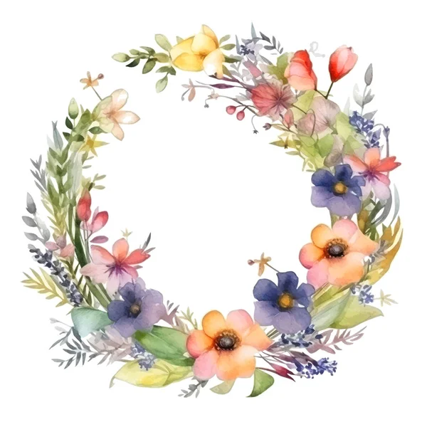 Watercolor Flower Wreath Beautiful Flowers Painted Drawing Colorful Flowers Pattern — Stock Vector