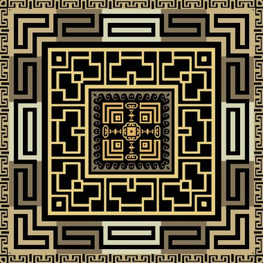Altın süslü Yunan tarzı kare çerçeveler ve pürüzsüz desenler. Vektör süsleme arka planı. Geometrik modern Yunan anahtar pervazları, dalgalar, labirentler, sınırlar, çerçeveler ile sonsuz altın süslemeleri tekrarla
