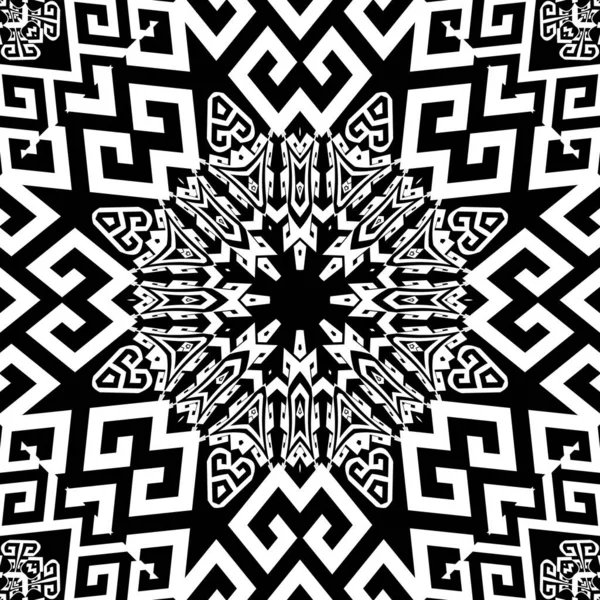 传统的部落希腊风格无缝图案 矢量装饰黑色和白色背景 重复背景 几何饰物 希腊钥匙弯曲 现代抽象设计 无尽的质感 — 图库矢量图片