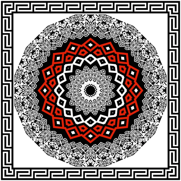 Patrón Mandala Griego Redondo Marco Cuadrado Estilo Étnico Tribal Tradicional — Vector de stock