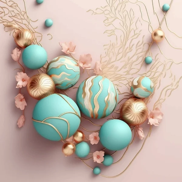 3Dジュエリーテクスチャ花ベクトルの背景 表面の桜の花 真珠と豪華な宝石パターンの装飾イラスト ピンクゴールドの美しい華やかな現代的な3Dデザインターコイズ色 — ストックベクタ