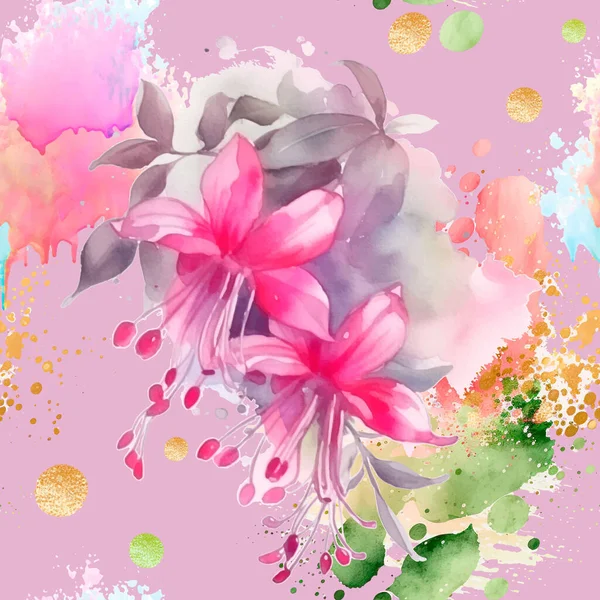아름다운 푸크시아꽃은 솔방울 무늬를 이룬다 더러운 배경에원 손으로 푸크시아 나뭇잎 — 스톡 벡터