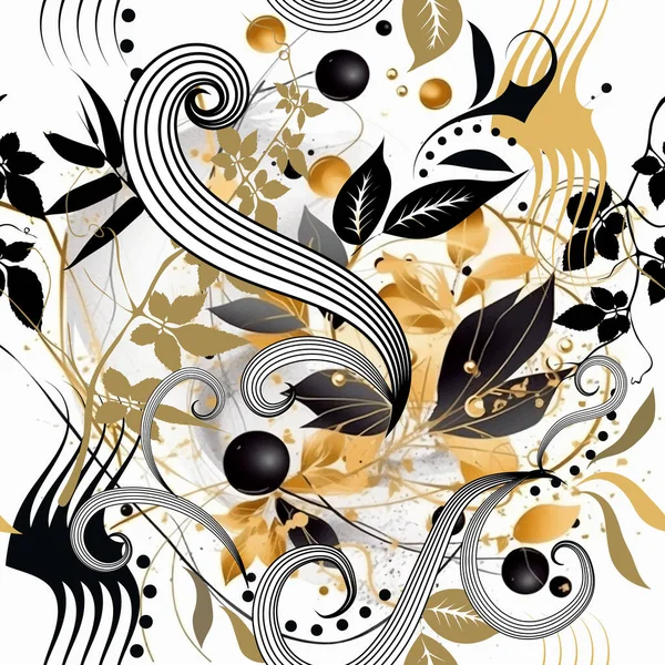 手绘花卉抽象无缝图案 现代观赏植物美丽的矢量背景 线条画花卉 白色黑色黄色的艺术设计 — 图库矢量图片
