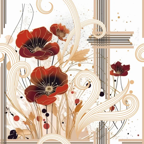 Blom Röda Vallmo Handritade Akvarell Sömlös Mönster Randig Prydnad Vacker — Stock vektor