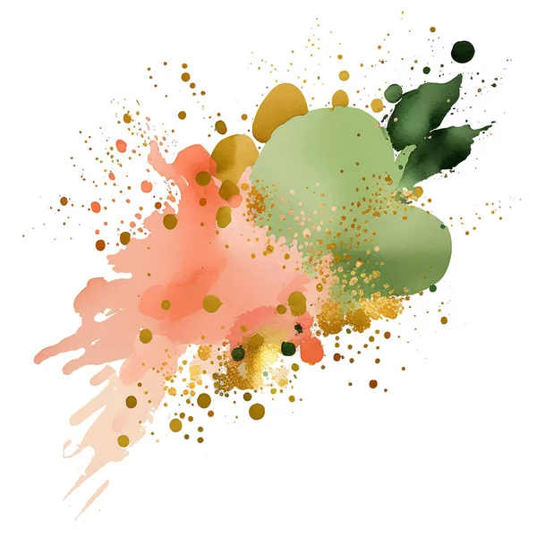 Moderne Farbenfrohe Aquarell Tupfer Flecken Mit Goldglitzern Olivgrün Rosa Pinselstriche — Stockvektor
