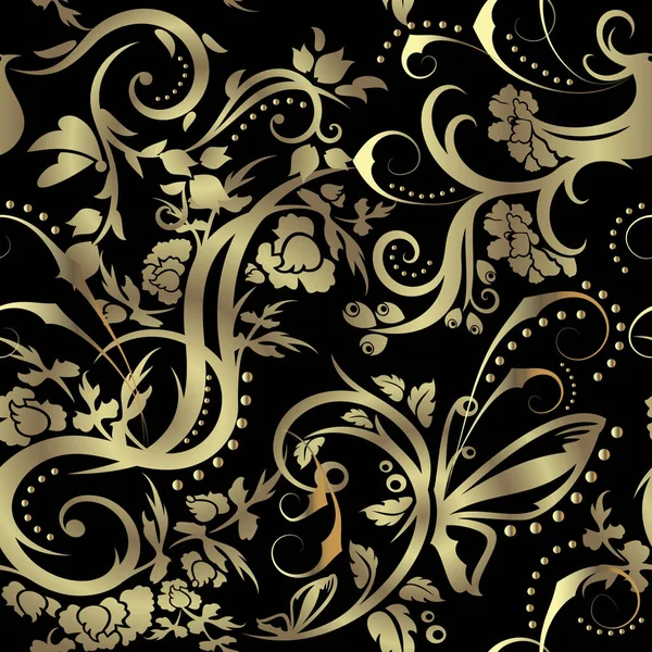 Goldblüte Blumen Vintage Nahtlose Muster Schöne Goldene Und Schwarze Vektorhintergrund — Stockvektor