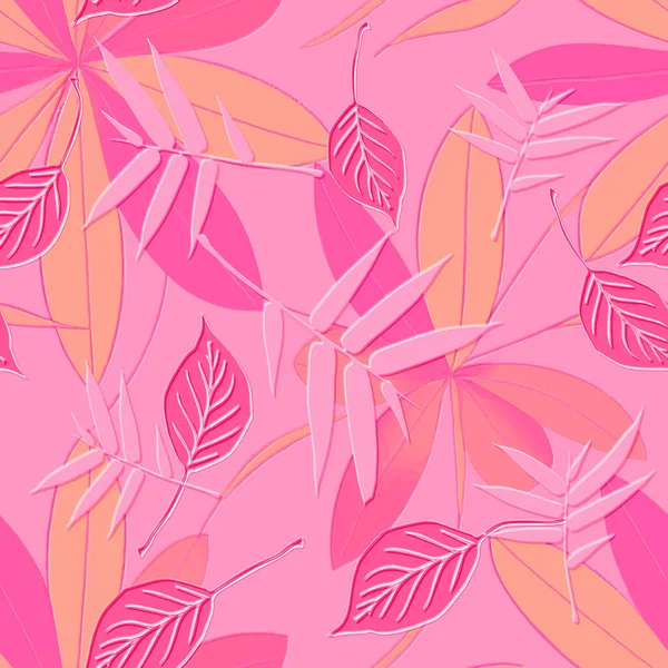 Тропічні Квіти Пофарбовані Рожевий Безшовний Візерунок Квітковий Рельєфний Листовий Фон — стоковий вектор