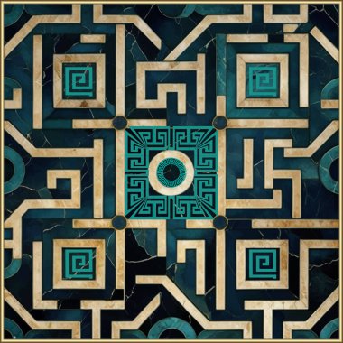 Mermer dekolte mavi altın rengi, kare çerçeveli, dikişsiz Yunan deseni. Lüks, grunge geometrik arka plan. Vintage mermer vektör deseni. Yunan anahtarlarıyla dokulu modern süsler, daireler.