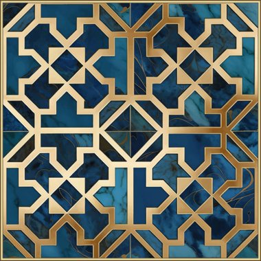 Mermer dekolte mavi, altın kare çerçeveli kusursuz mozaik desen. Süslü grunge arabesk arka planı. Dekoratif klasik mermer vektör deseni. Modern desenli Arap tarzı süsler.