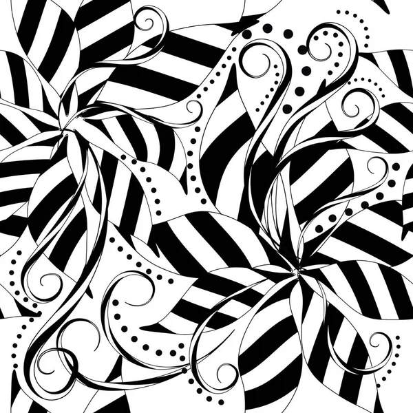 Gestreiftes Florales Schwarz Weiß Nahtmuster Ornamentaler Abstrakter Vektorhintergrund Handgezeichnete Linienkunst — Stockvektor