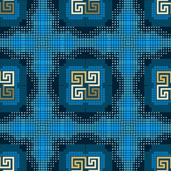 Pixel Halftone Squares Mosaic Greek Style Blue Seamless Pattern Half — Stock Vector