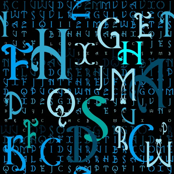 青い文字のシームレスなパターン マトリックススタイルの現代的なAbcの背景 半角文字の背景を繰り返します デジタルトレンディーな文字の装飾 ベクトルフォントコレクション 記号と記号 文字の質感 — ストックベクタ