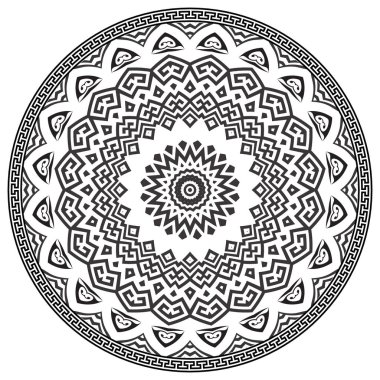 Güzel Mandala. Antik yuvarlak Yunan süsü. Vektör, beyaz arkaplanda siyah kıvrımlı desen izole etti. Antik mandala, Yunan kilit mandala süsü, çerçeve, sınır. Süslü çiçek tasarımı.