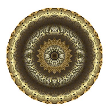 Altın lüks 3d Mandala. Antik yuvarlak Yunan altın 3D süslemeleri. Beyaz arkaplanda vektör yüzey altın turları deseni. Yunan anahtarlı antik mandala süs, çerçeveler, sınırlar, çiçekler.