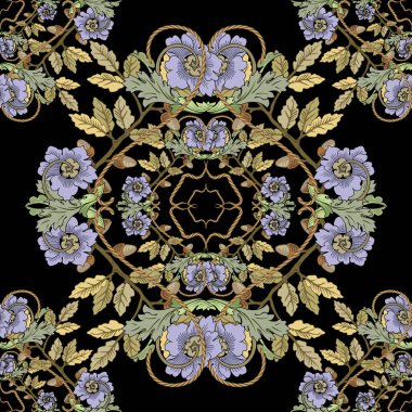 Çiçekler, meşe yaprakları, meşe palamutları, altın iplerle süslenmiş klasik bir çiçek deseni. Damask vektör arkaplanı. Modern arkaplanı tekrar et. Lüks el, renkli süsler çizmiş. Sonsuz doku.