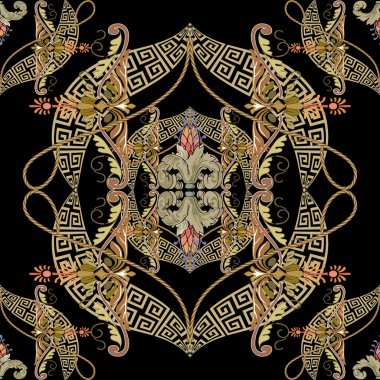 Yunan tarzı foral el, klasik çiçekler, yapraklar, Yunan kilit yolları ve altın iplerle kusursuz bir desen çizdi. Lüks süslemeli vektör arka planı. Modern arkaplanı tekrar et. Dekoratif güzel bir süs.