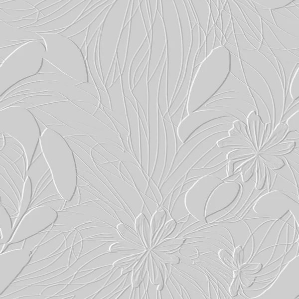White Emboss Doodle Lines Exotic Flowers Textured Seamless Pattern Floral — Stock Vector