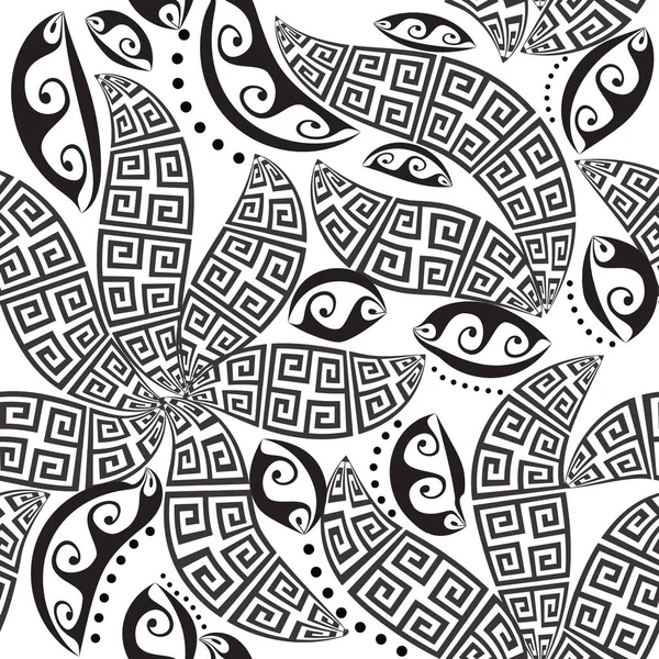 Цветочный Греческий Стиль Черно Белый Ручной Рисунок Бесшовный Узор Абстрактный — стоковый вектор