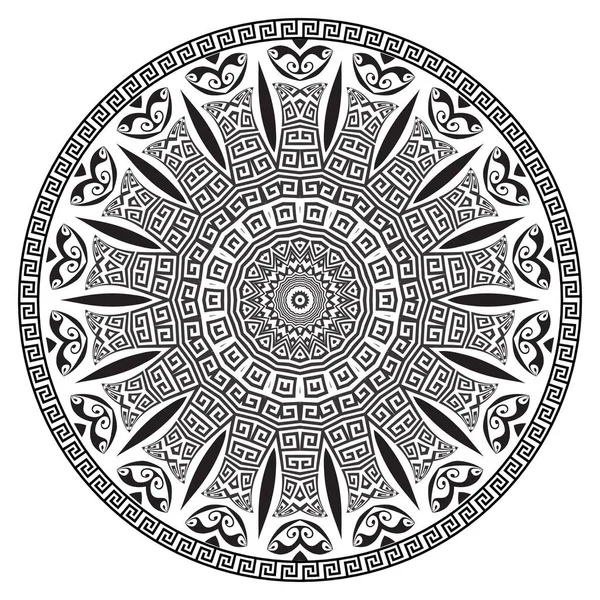 Bloemen Mandala Oude Ronde Griekse Ornamenten Vector Isoleerde Zwarte Meander — Stockvector