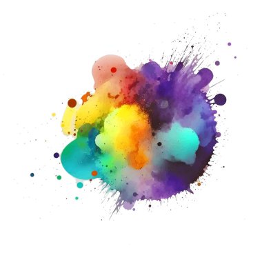 Parlak renkli suluboya sıçrama lekesi fırça darbeleri beyaz arka planda. Modern canlı akvaryum lekesi. Beyazın modaya uygun tasarımı. Element. Vektör el çizimi suluboya çizimi.