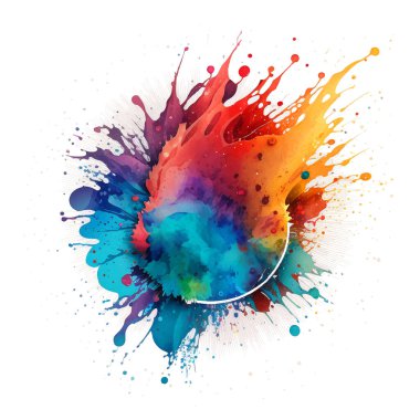 Parlak renkli suluboya sıçrama lekesi fırça darbeleri beyaz arka planda. Modern canlı akvaryum lekesi. Beyazın modaya uygun tasarımı. Element. Vektör el çizimi suluboya çizimi.