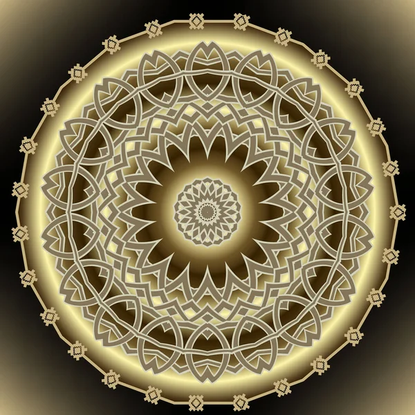 曼荼羅 ゴールド光沢のある3Dセラミックスタイルラウンド花マンダラパターン 豪華な装飾繰り返しベクトルの背景 複雑なケルトアラビア円の花の装飾は アラベスクの要素 フレーム 境界線を配線 — ストックベクタ