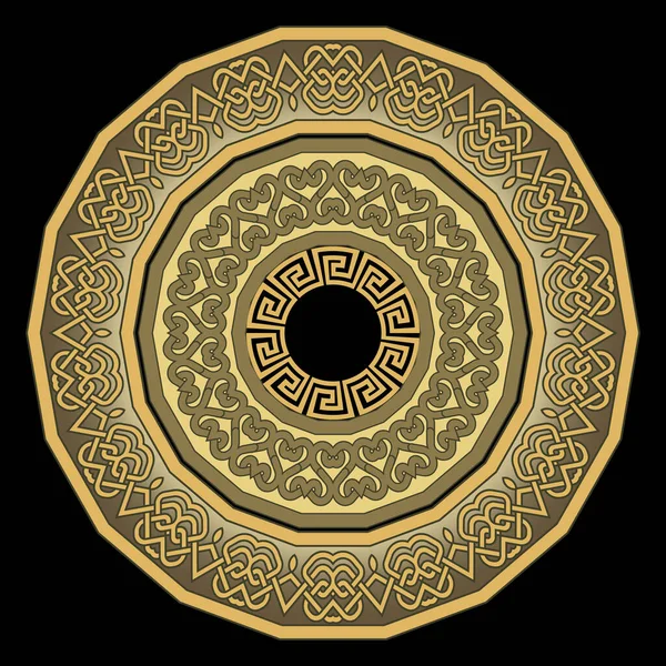 曼荼羅 金のケルトギリシャスタイルのラウンドマンダラパターン 豪華な装飾ベクトルの背景 アラベスクの要素 ギリシャ語のキー フレーム 境界線を有する複雑なセラミックアラビア円装飾品 — ストックベクタ