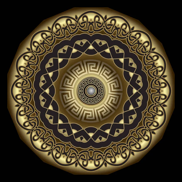 曼荼羅 金の3Dセルティックギリシャスタイルのラウンドマンダラパターン 豪華な装飾ベクトルの背景 アラベスクの要素 ギリシャ語のキー フレーム 境界線を有する複雑なセラミックアラビア円装飾品 — ストックベクタ
