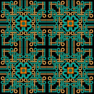 Kelt pürüzsüz desen. Renkli süslemeli Kelt düğüm vektör arkaplanı. Arkaplanı tekrar et. kabile etnik Kelt tarzı güzel süsler mavi sarı siyah renkler. Sonsuz doku.