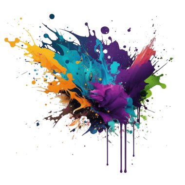 Beyaz arka planda parlak renkli suluboya akrilik sıçrama lekesi fırça darbeleri. Modern canlı akvaryum lekesi. Beyazın modaya uygun tasarımı. Element. Vektör el çizimi resimleme.