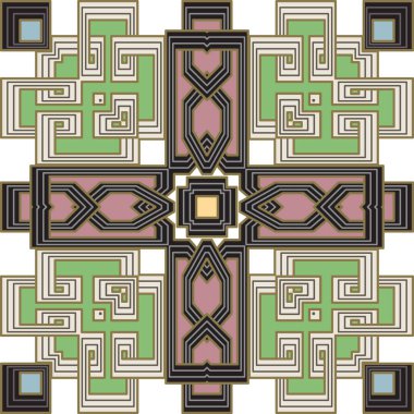Kelt süsleme kabilesinin kusursuz kalıbı. Kelt arabesk stili renkli vektör arkaplanı. Modern desenli arka planı tekrar et. Süslü simetrik mozaik süsler. Sonsuz doku.