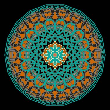 Mandala. Kelt Yunan tarzı çiçek mandala deseni. Süslü kabile etnik vektör geçmişi. Karmaşık Kelt Arabesk tarzı çiçek, Yunan anahtarı, pervane, çerçeve, kenar.