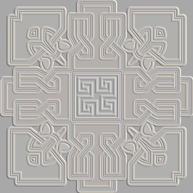 Kabartma Yunan arabesk tarzı 3 boyutlu kusursuz desen. Süslü kabartmalı ışık süslemeli arka plan. Arka plan desenli rahatlama tekrarlayın. Kabartma efektli zarif yüzey süsleri. Sonsuz doku.