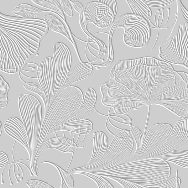 3D浮彫りにされた落書きのライン花の継ぎ目が無いパターン テクスチャされた美しい花の救済の背景 エンボスホワイトバックドロップを繰り返します 表面が葉っぱ 花が咲きました 3Dラインアートの花の装飾 エンボス効果 — ストックベクタ