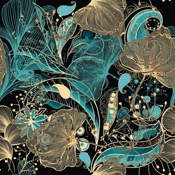 Paisley Gekritzelte Linien Botanische Florale Nahtlose Muster Ethnischer Stil Kritzelt — Stockvektor