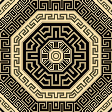 Yunan sekizgeni mandalaları pürüzsüz şekilde çerçeveledi. Renkli Yunan vektör geçmişi. Güzel etnik tarz Deco süsleri. Arka planı tekrar et. Yunan anahtarlı süs tasarımı. Sonsuz doku.