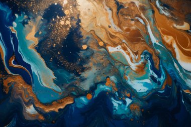 Lüks, güzel, akrilik, sulu boya, akışkan, sanat vektörü tarzı arka plan. Kıvrımlı sıvı desenli süsler, sıçramalar, dalgalı çizgiler, altın parıltılar. Modern dekoratif moda süsleme tasarımı.