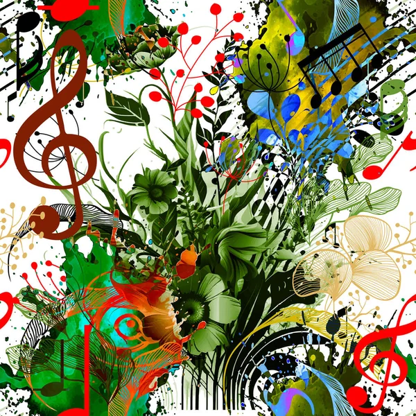 Hudební Noty Vektor Bezešvé Vzor Pozadí Ilustrace Květiny Listy Větve — Stockový vektor