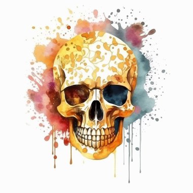 Kafatası. Suluboya el, çiçek, leke, su sıçratma ve çiçekli süslemelerle desenli kafatası çizmiş. Yaratıcı boyalı kafatası deseni. Beyaz arkaplanda modern klip sanatı soyut dekoratif tasarımı.