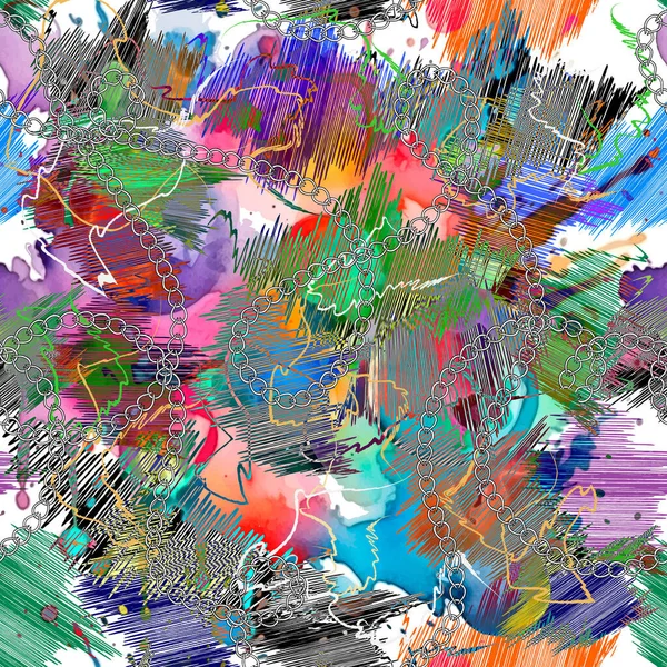 Karalamalar kusursuz desen. Çizgiler ve zincirler moda arka plan. Modern renkli arkaplan. Karalama çizgisi, yumurtadan çıkma, fırça darbeleri ve karalamalarla dolu canlı süsler. Soyut suluboya sıçramalar.