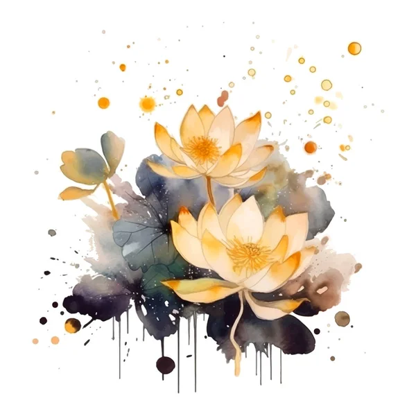 Aquarel Mooie Bloesem Gele Lotus Bloemen Patroon Vuile Aquarel Bloemen — Stockvector