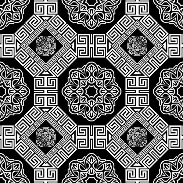 フローラルギリシャの幾何学的なオクタゴンはシームレスなパターン ギリシャのベクターの背景 美しいモノクロの装飾 ギリシャのキー 牧草地のフレーム マンダラが付いている装飾的な現代パターン — ストックベクタ