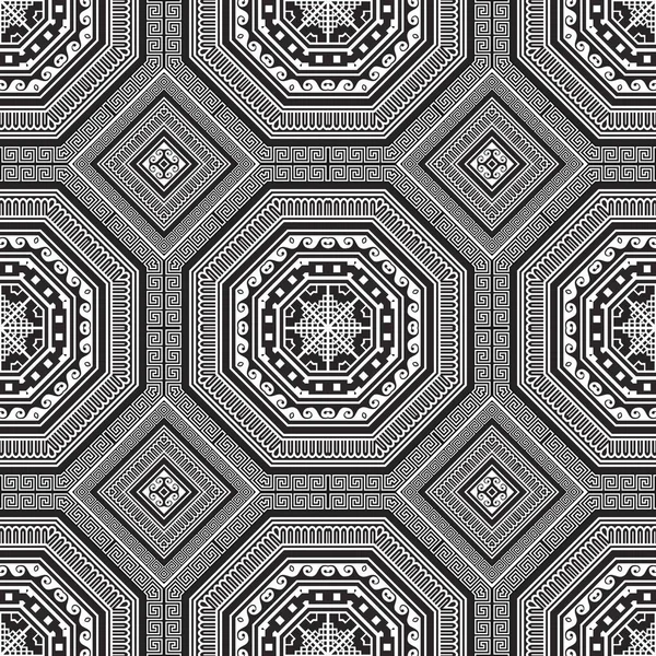 Monochrome Grec Géométrique Octogone Losange Motif Sans Couture Déco Fond — Image vectorielle