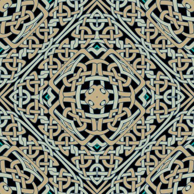 Kelt karmaşık, pürüzsüz desen. Renkli süslemeli Kelt düğüm vektör arkaplanı. Hasır arka planı tekrarla. Geleneksel kabile etnik Kelt tarzı örülmüş süsler. Sonsuz doku.