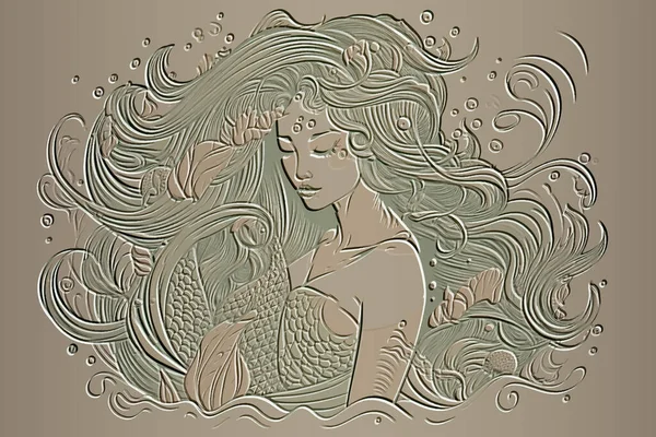 Mořská Panna Krásná Texturovaná Emboss Linky Vodní Nymfa Dlouhými Vlasy — Stockový vektor