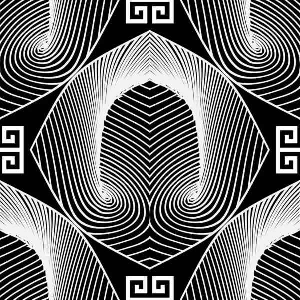 黑色和白色装饰美丽的线条希腊风格无缝图案 矢量图案描绘了现代线条艺术的背景 重复对称背景 希腊流线型的流线型装饰 — 图库矢量图片