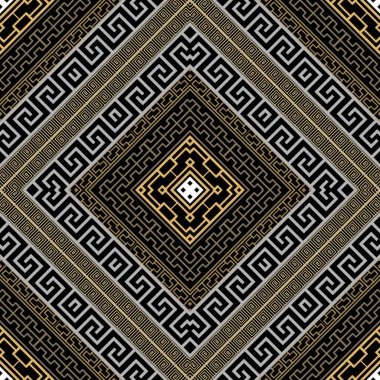 Yunan vektörü kusursuz desen. Kabile mensuplarının arka planlarını tekrar edin. Yunan anahtarı, dolambaçlı altın çizgiler süsü. Geometrik modern tasarım. Sonsuz doku. Eşkenar dörtgen, çerçeve ile moda desen