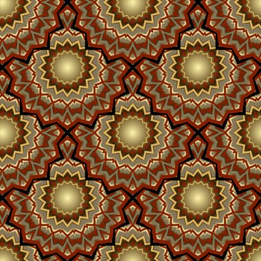 Soyut, etnik, zigzag şeklinde kaplanmış parlak mandalalar pürüzsüz desen. Süslü vektör renkli arka plan. Modern deko arkaplanını tekrar et. Güzel süslü, parlak kırmızı zig zag mandalas süslemeleri..